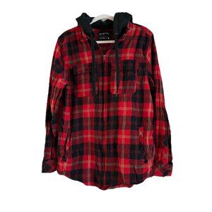 Empyre Mens XL Hooded Flannel Jacket Red Black Plaid Full Zip Shirt Skate Grunge